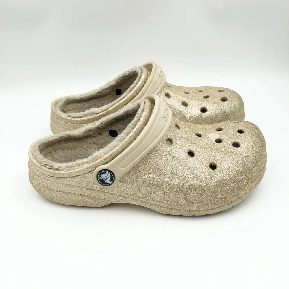 CROCS Gold Glitter Slip On Rubber Fur Lined Clogs Kids 3